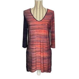 Clara Sun Woo Orange Black Striped V Neck 3/4 Sleeve Tunic Top Size Large